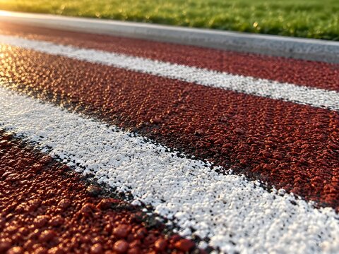 White lane markings running across a rubberised track surface with feathered paint edges and black crumb grain