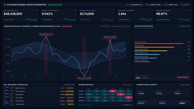 Advanced ai revenue anomaly detection monitor dashboard with live financial analytics risk management metrics, for business intelligence, predictive modeling, data science operations