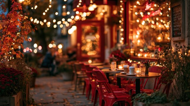 Evening view of an outdoor cafe terrace with red chairs and tables, illuminated by warm string lights, creating a festive and cozy atmosphere