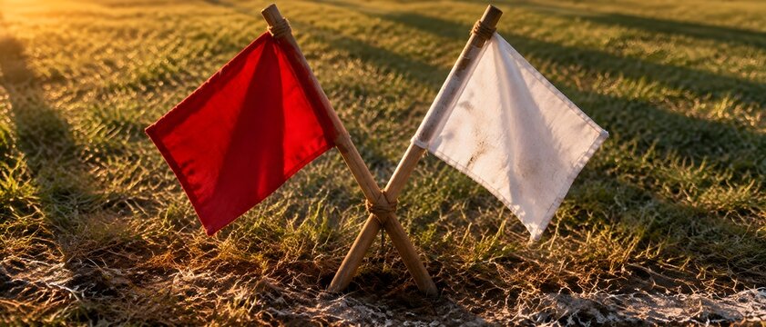 Red and white flags crossed on short poles at the edge of a throwing area with dyed cotton squares stiffened by use
