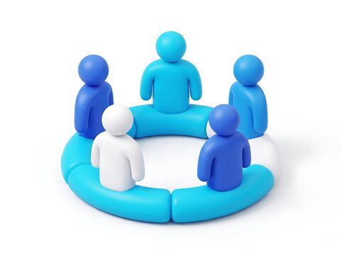 Abstract 3D blue and white human figures connecting in a circle for teamwork concept with 3D render
