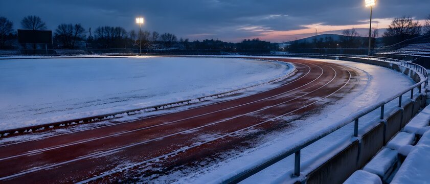 Snow settling on an empty running track in the evening with powder banking against the kerb