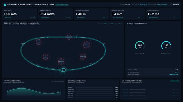 Autonomous rover localization vector planner interface for telemetry data, for robotic navigation, artificial intelligence, automated systems, modern technological control rooms