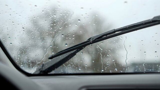 Car Windshield Covered with Rain Drops and Frameless Wiper Blade, Close Up. Automotive Visibility and Wet Weather Driving Concept
