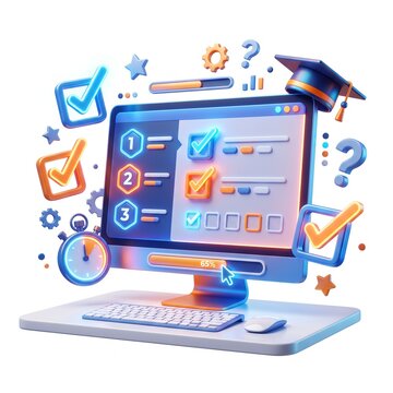 3D Online Quiz and Exam Test Concept with Checkmarks on White Background