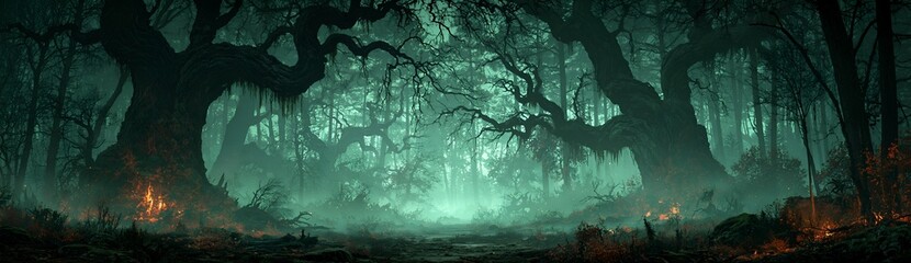 Obraz premium Misty forest glows with eerie green light.