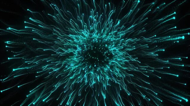 Glowing teal particles being drawn into a central core, representing carbon capture and storage technology for ESG climate innovation and industrial sustainability media.