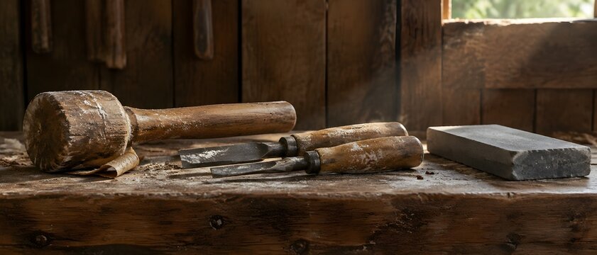 Hardwood tapping mallet lying beside short chisels and a grey whetstone on a plank bench in a rustic tools shed
