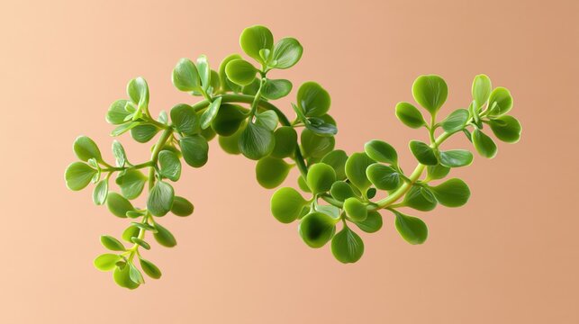 Green succulent plant with small round leaves curving in an s shape on a soft peach colored background, for botanical interior decoration