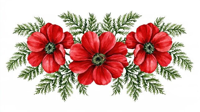 Hand-painted watercolor of three vibrant red anemone flowers with lush green fern leaves arranged in a horizontal floral border
