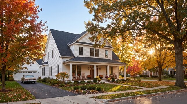 Suburban two story house with white siding, with autumn foliage and porch seating, parked car on asphalt driveway, in residential neighborhood, real estate photography