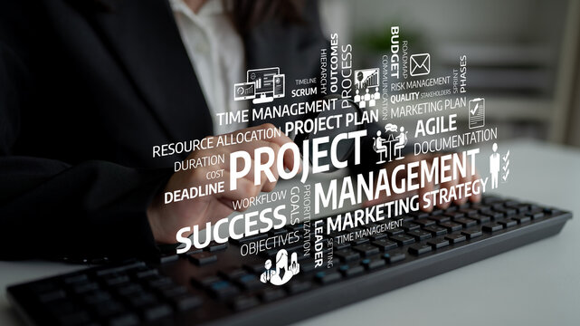 Close-up of hands typing on a keyboard with floating project management keywords, showcasing the integral concepts of strategy and agile practices in a professional setting. Tessel