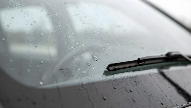 Car Windshield Covered with Rain Drops and Frameless Wiper Blade, Close Up. Automotive Visibility and Wet Weather Driving Concept