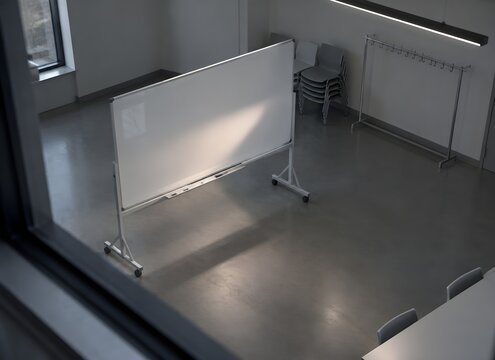Wide rolling whiteboard with a blank glossy face parked at an angle in an empty seminar room