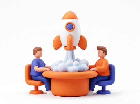 3D Business team launching a rocket from a conference table representing startup growth with business