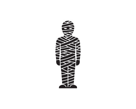 Black and white vector illustration of an egyptian mummy character with egyptian