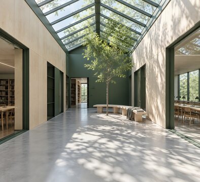 Low plywood bench curving around a slender tree in the glazed atrium of a study annex with a plain grey cushion
