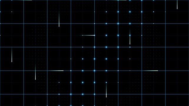 Glowing blue digital tech wireframe grid lines with moving data light pulses on dark backdrop