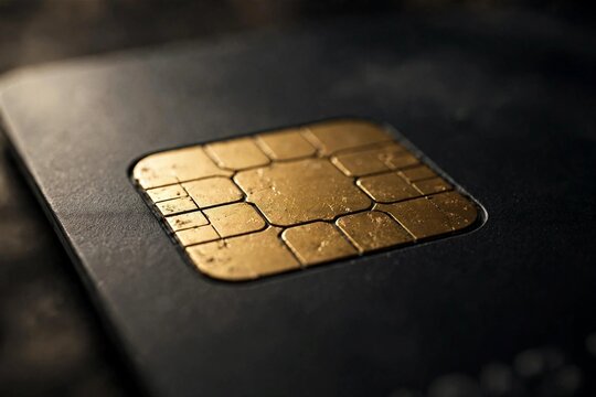 Macro closeup of a gold EMV chip on a dark credit card, payment technology and fintech concept