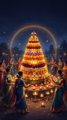 Fototapeta premium Indian women celebrating Bathukamma festival with floral cone