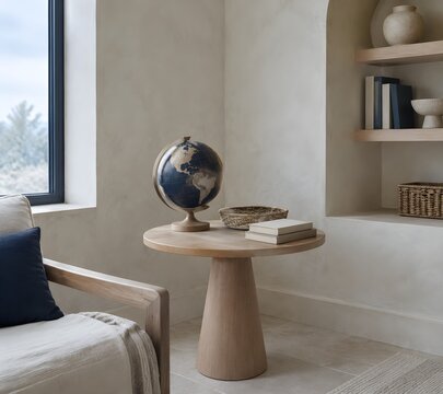 Dark navy and sand globe on a turned beech base in a study nook