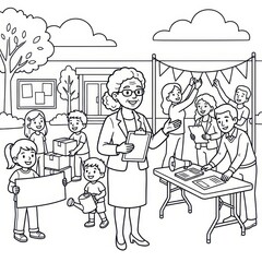 Obraz premium Community volunteers organizing event coloring page