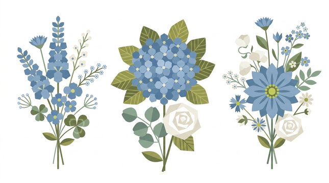 Set of blue floral bouquets flat vector illustration on white background