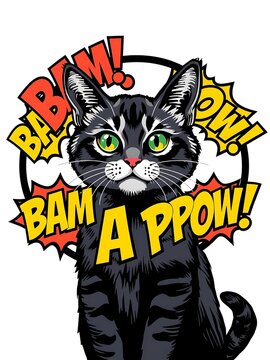 Bold Lettering Pop Cat &ndash; A cat surrounded by bold, comic-style onomatopoeia (BAM! POW!) in bright contrasting colors