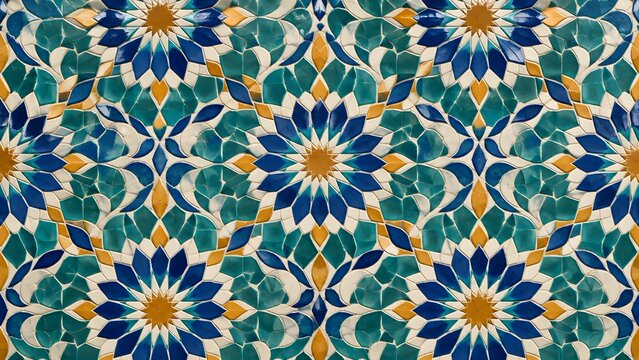 Traditional Moroccan Zellij Mosaic Pattern with Blue and Gold Geometric Ceramic Tiles