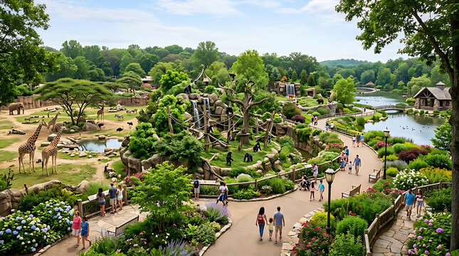 A panoramic view of a beautiful zoo with giraffes and visitors walking on paths.