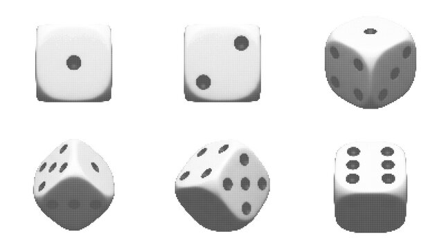 Dice set various faces showing numbers one to six in retro halftone dot texture for gambling games