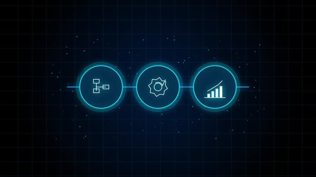 Glowing business process workflow connecting three sequential circular process icons
