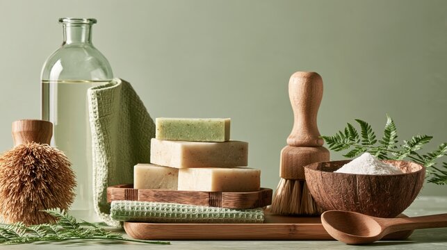 Natural eco friendly bathroom accessories including wooden brushes, soap bars, a glass bottle, and a coconut bowl on a light green