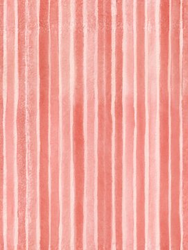 Soft watercolor background with uneven vertical coral pink and white stripes, creating a simple hand painted textile pattern.