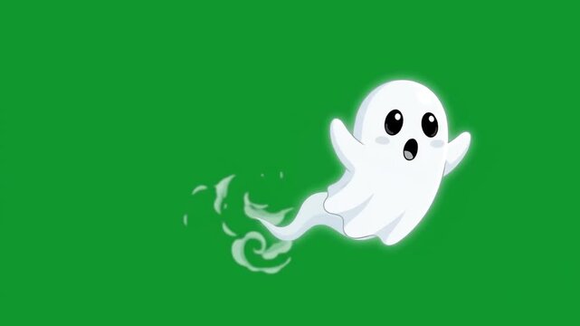 Cute ghost character floating and moving quickly across green screen background with cartoon animation and playful style for spooky or fun themes.