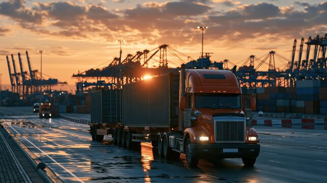 Orange semi truck hauling shipping containers through a wet industrial port terminal at sunset with large cranes and golden light reflections