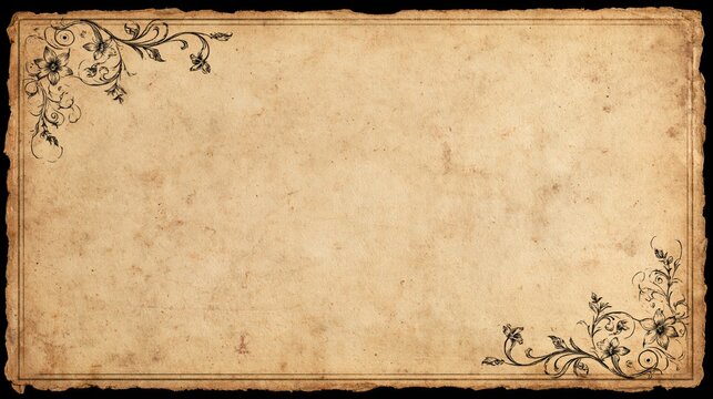 Old vintage parchment paper texture with dark brown floral corner ornaments and a thin rectangular border on a black background, for text