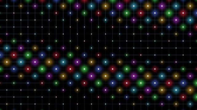Colorful neon led matrix dot grid glowing rhythmically across dark digital space