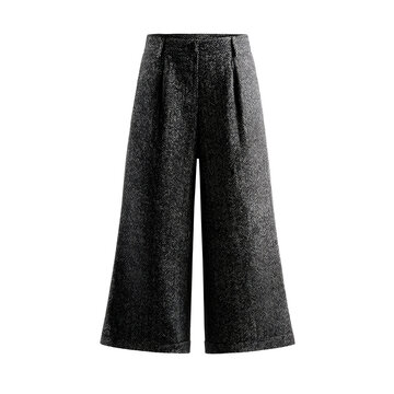 Gaucho pants with wide flared legs, cropped below knee, wool-blend fabric in dark grey, photorealistic, white background, fashion flat lay 
