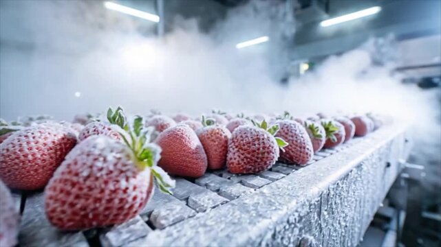 Strawberries move through industrial flash freezing on a conveyor. Cold-chain food processing preserves fresh fruit for storage and distribution.