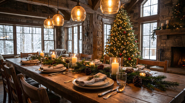 Rustic dining room with a long wooden table, set for a christmas dinner with pine garlands, candles, and a decorated tree in the background