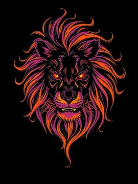An abstract Halloween lion silhouette, filled with a swirling, hypnotic pattern of black, purple, and orange, op art style, visually mesmerizing and spooky