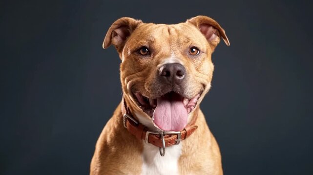 Happy american pit bull terrier panting with tongue out, studio portrait, dark grey background, friendly and energetic canine companion, professional footage.
