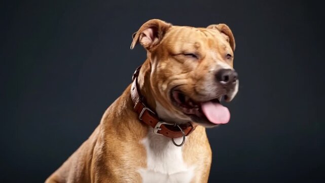 Friendly pitbull dog with happy expression looking directly at camera with tongue out, portrait in studio, cinematic footage, heartwarming pet clip.