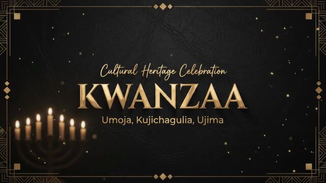 Elegant Kwanzaa cultural heritage celebration greeting card with golden typography, kinara candles, and ornate border frame on a dark background