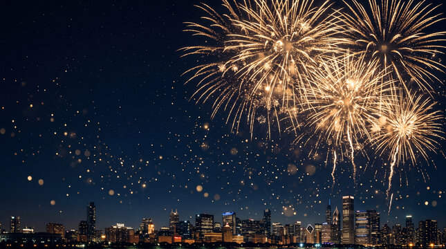 Bright golden fireworks exploding in the night sky over a city skyline at celebration