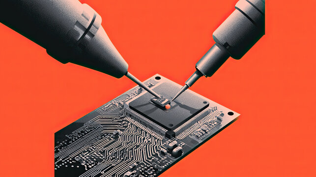 Engineers testing microchips, two hands holding probes on a circuit board, vibrant orange background, focus on technology innovation.