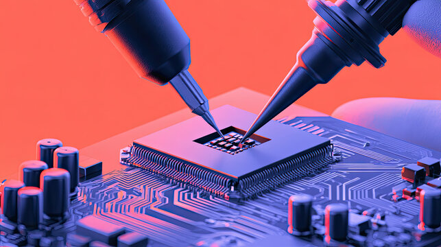 Circuit board with soldering tools, vibrant colors and electronic components highlighted, perfect for tech and engineering themes.
