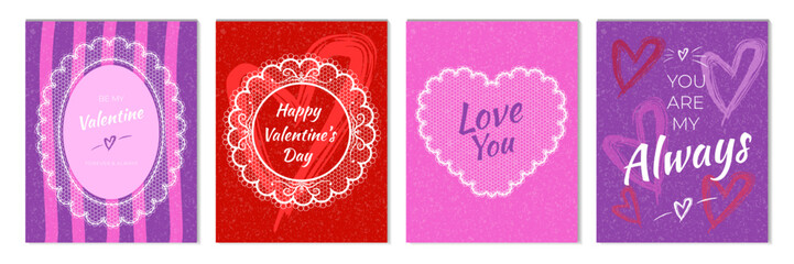 Obraz premium Valentine Day greeting card set, vertical pink and purple vector templates with lace doily frames, hearts and typography. Romantic holiday poster, invitation or social media layout.