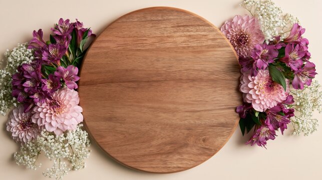 Round wooden cutting board surrounded by pink dahlias, purple alstroemeria, and white baby's breath flowers on a light beige